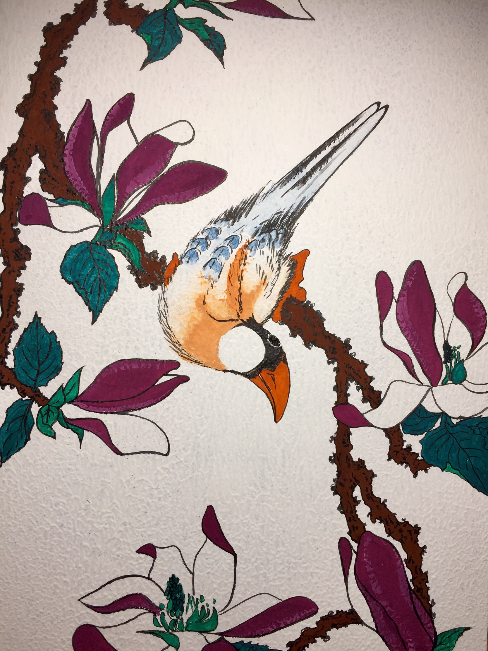 Detail of the painting showing the bird and flowers around it. With a Pentel black brushpen, I outlined everything and created details on the tail of the sparrow, the branch and leaves.