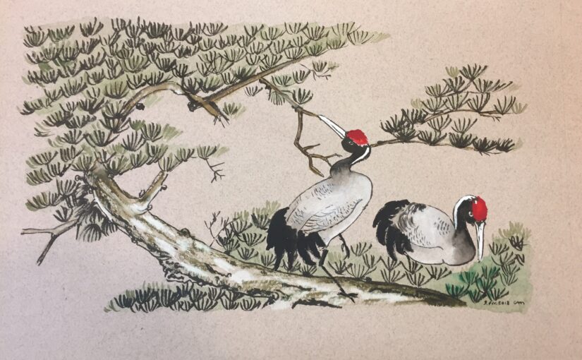 Art: Two cranes on a pine tree branch