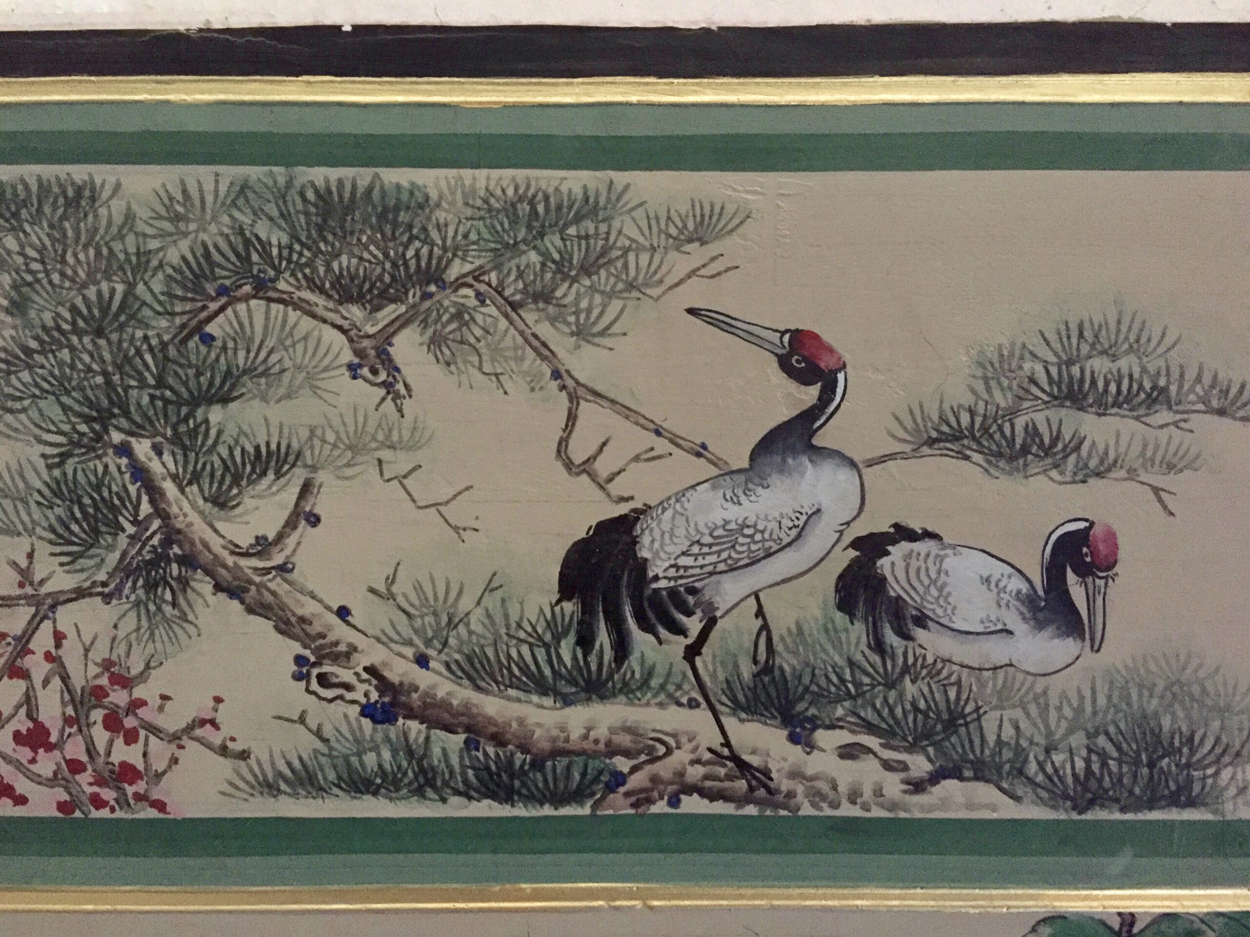 Reference photo of a painted wall showing two Japanese cranes on a pine tree branch