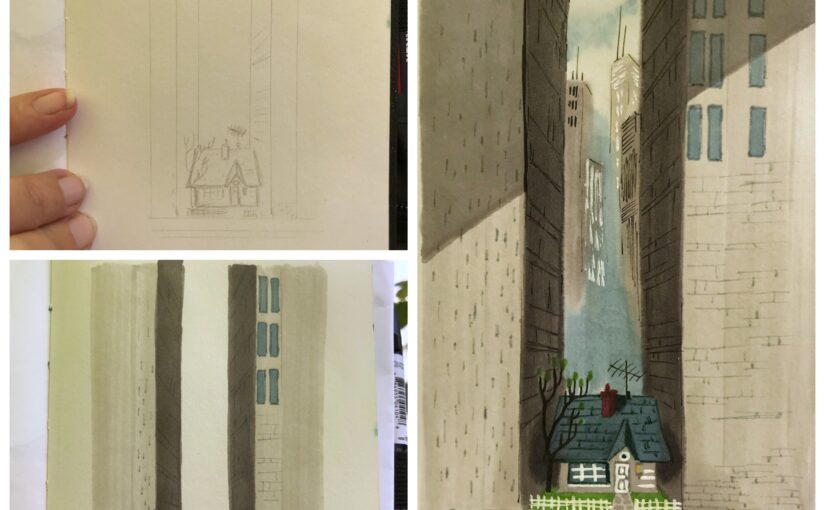 Collage of photos of the three stages of the drawing