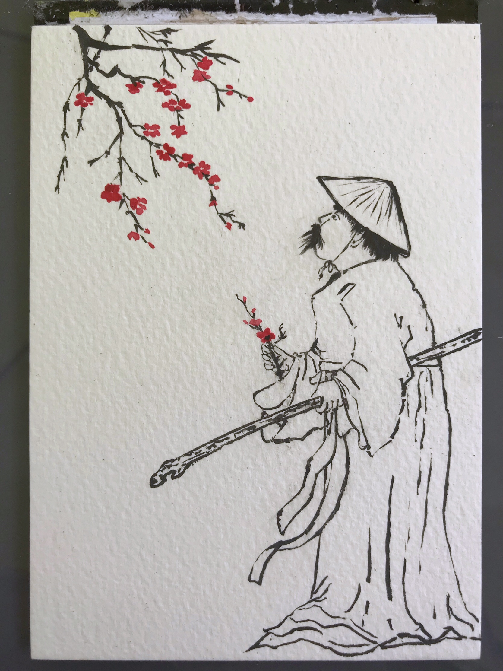 Pencil sketch erased. Dark pink paint added to mark the blossoms.