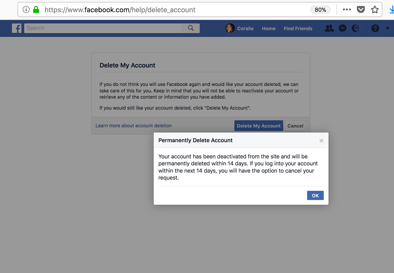 Screenshot of the Facebook delete page showing the pop-in to permanently delete the account