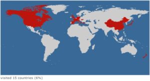Map of the Earth where the USA, Western Europe, Japan, New Zealand and China are painted red