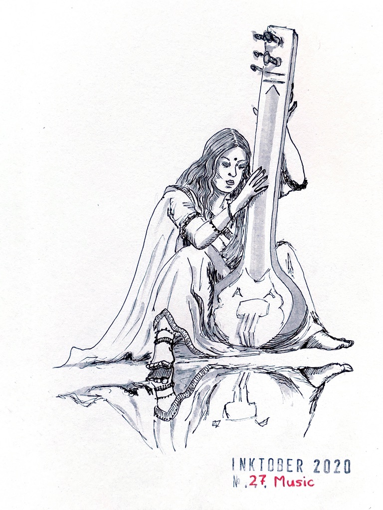 Black and grey ink drawing of an Indian young woman holding a sitar, and their reflection on a shiny floor.