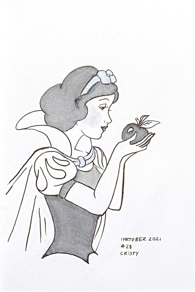 Grey ink drawing of Snow White holding an apple