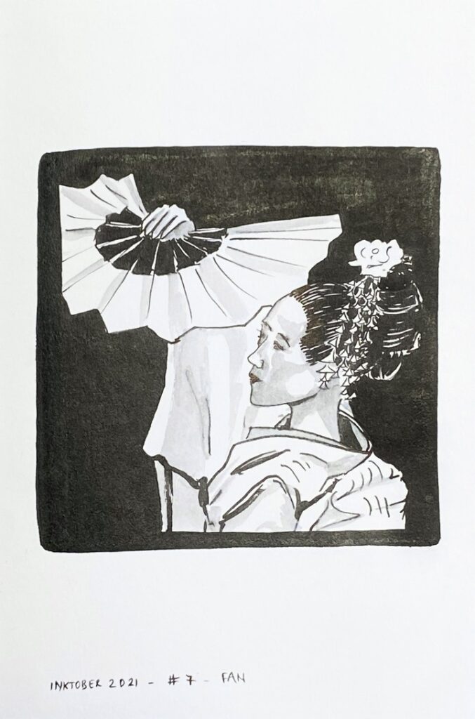 Black and grey ink drawing of Zhang Ziyi in Memoirs of a Geisha dancing and holding a fan