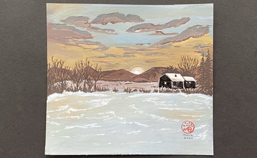 Snowy landscape at sunset: large expense of snow in the foreground, and in the middle ground a line of dead vegetation and bare trees, a black house and barn with roofs covered in snow. In the background are brown mountains but those aren't covered in snow. The sun is setting and the sky has pretty clouds of the same tones as the rest of the painting: pale blue and yellow, grey-brown, brown.