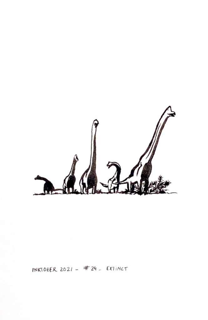 Black ink drawing of five dinosaurs