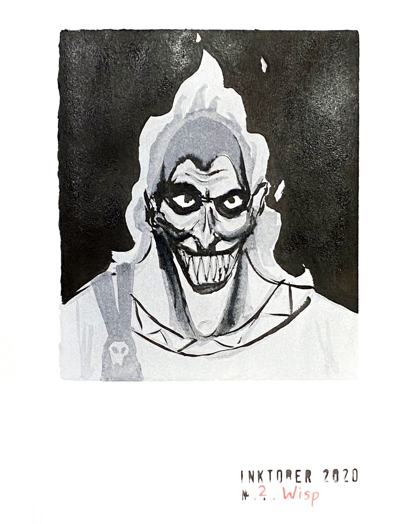 Black and grey ink drawing of the Disney movie character Hades smiling and burning.