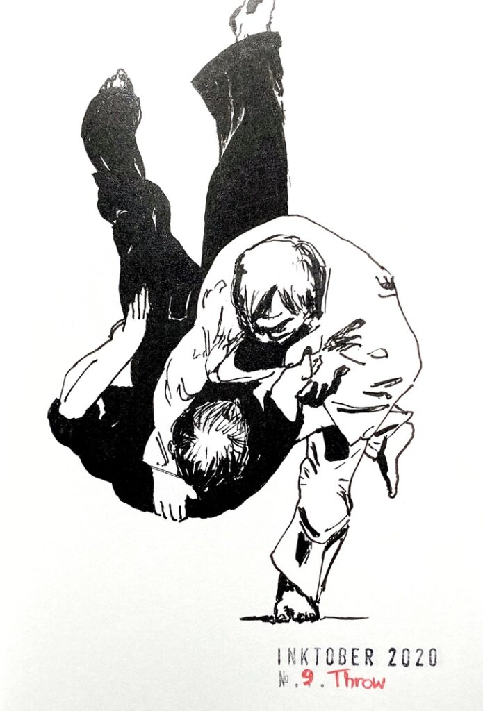 Black ink drawing of two judokas, one in black and the other in white. The one in white is throwing the other one to the ground.