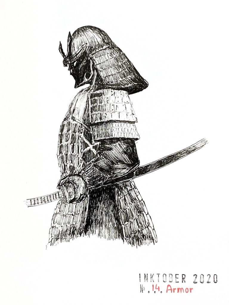 Very detailed black ink drawing of a Japanese warrior in armor carrying a sword and wearing a war helmet and metallic face mask.