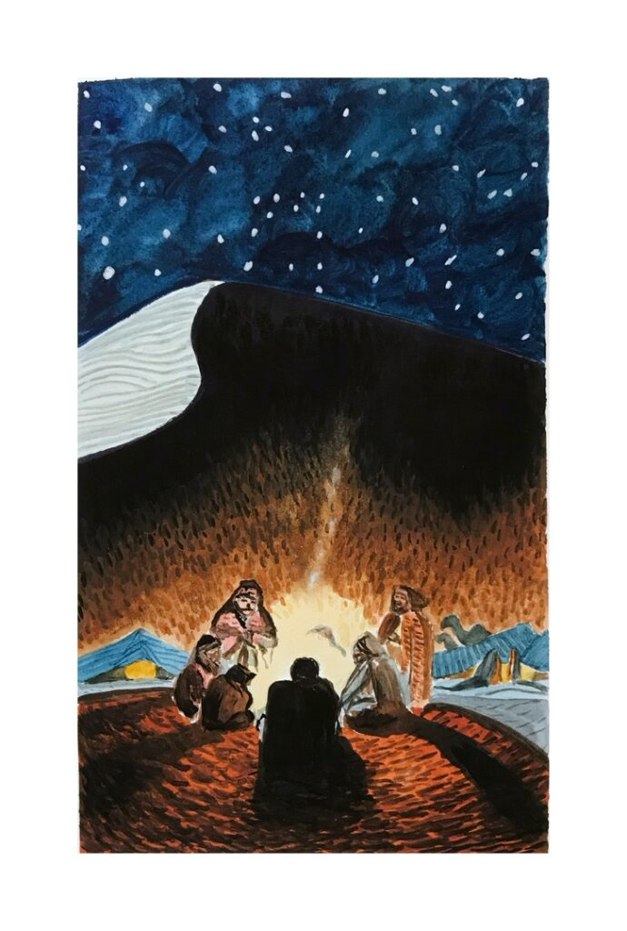 Gouache painting of a night desert scene where a group of people sit in circle around a fire at the foot of a large dune, next to tents and camels.