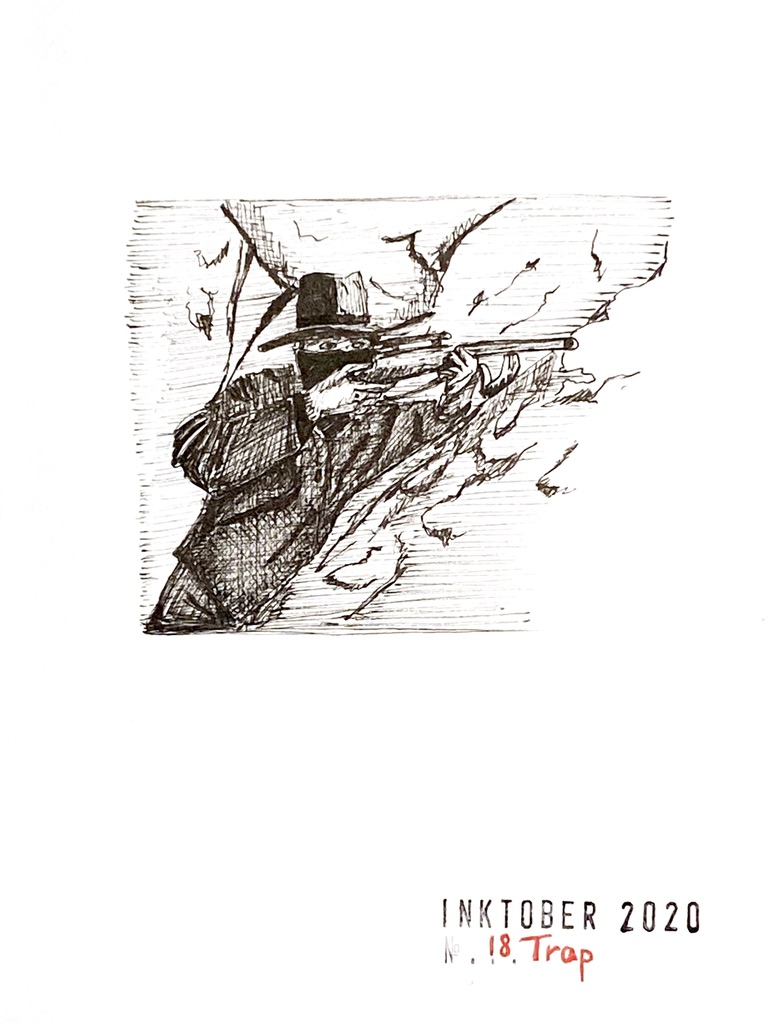 Black ink drawing of a masked cowboy in large brim hat aiming a rifle.