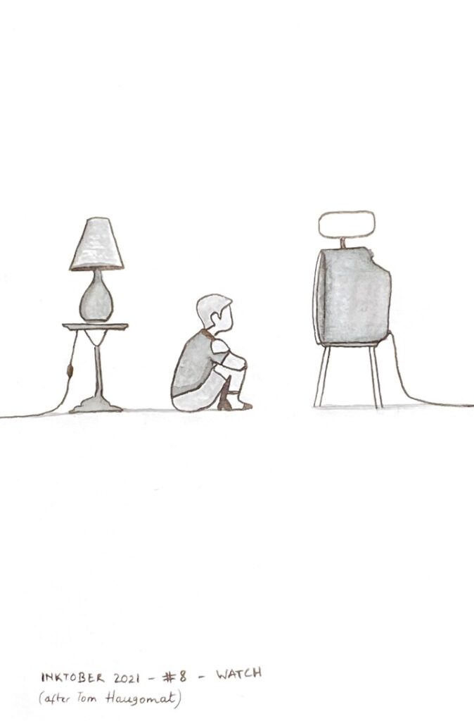 Black and grey ink drawing of a boy sitting in front of a television