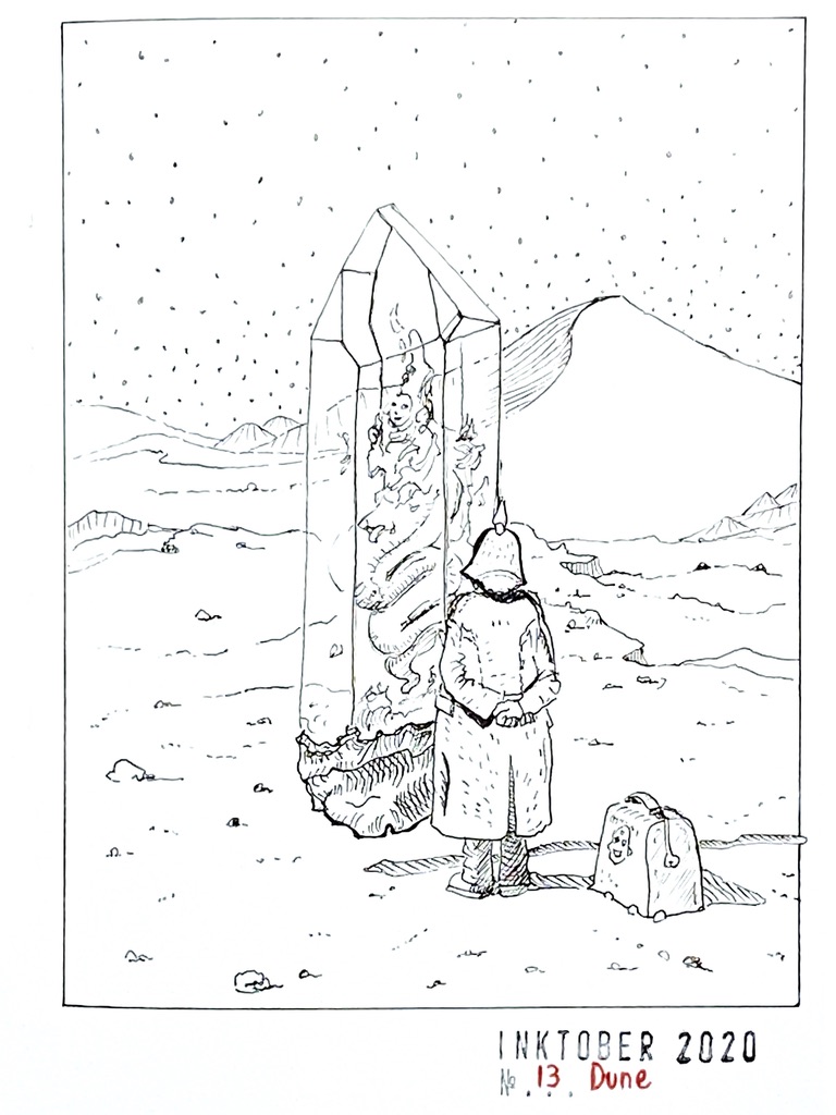 Black ink drawing of a man wearing a pointy helmet, seen from behind next to his leather case, standing in front of a levitating crystal within which is an odd smiling creature with the lower body of a worm. The scene is at the foot of a large dune.