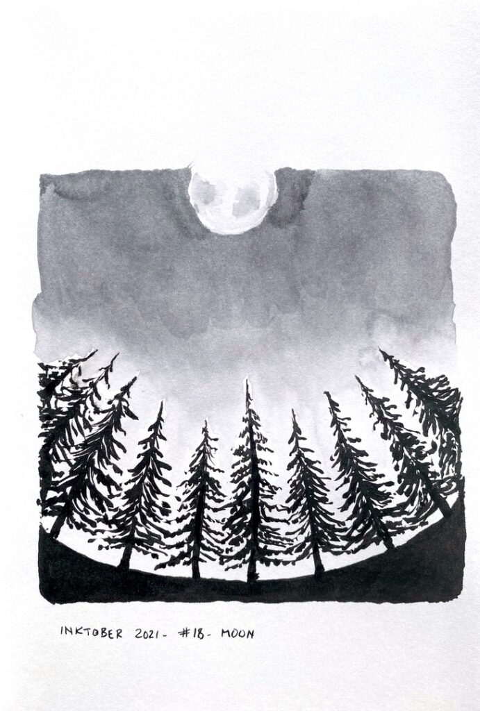 Black and grey ink drawing of a fish-eye view at the sky, the moon and pine trees