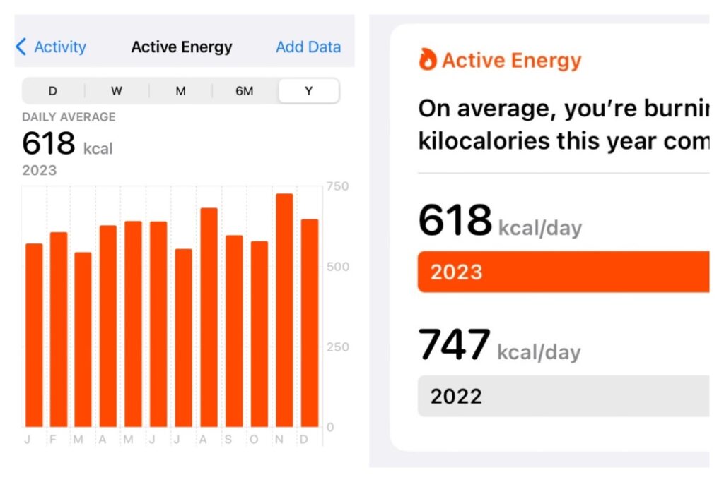 Collage of the 2023 average per day energy burning bar chart and comparison with 2022: 618 vs 747 kcal/day