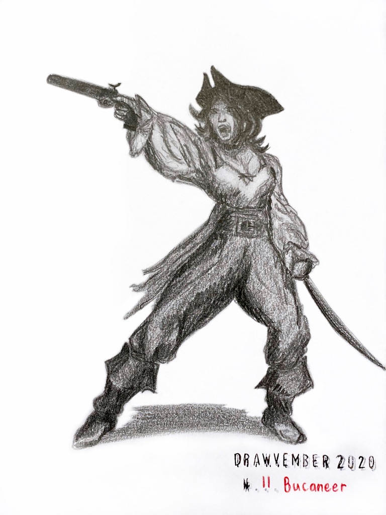 Pencil drawing of a fierce-looking woman pirate aiming a pistol and carrying a sword in the other hand.