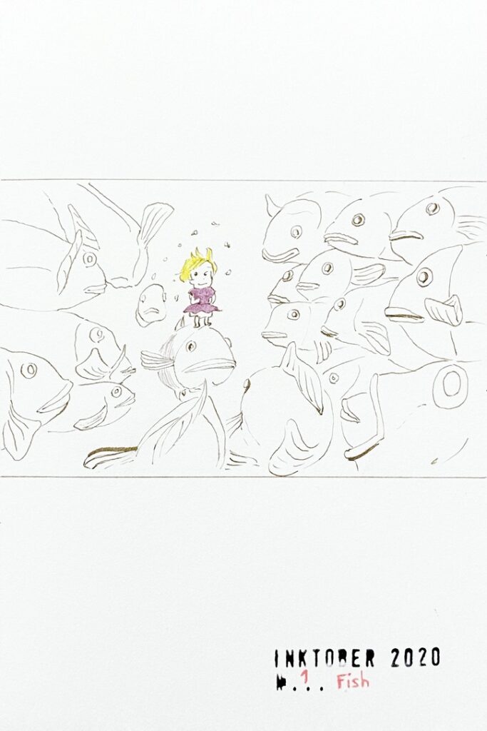 Cartoon drawing of a little blond girl dressed in pink standing on a fish and surrounded by lost of other fish looking at her.