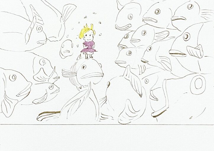 Cartoon drawing of a little blond girl dressed in pink standing on a fish and surrounded by lost of other fish looking at her.