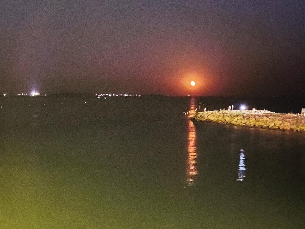 Night shot by the sea where a big round red moon is rising and casting a ray of orange light on the otherwise greenish sea