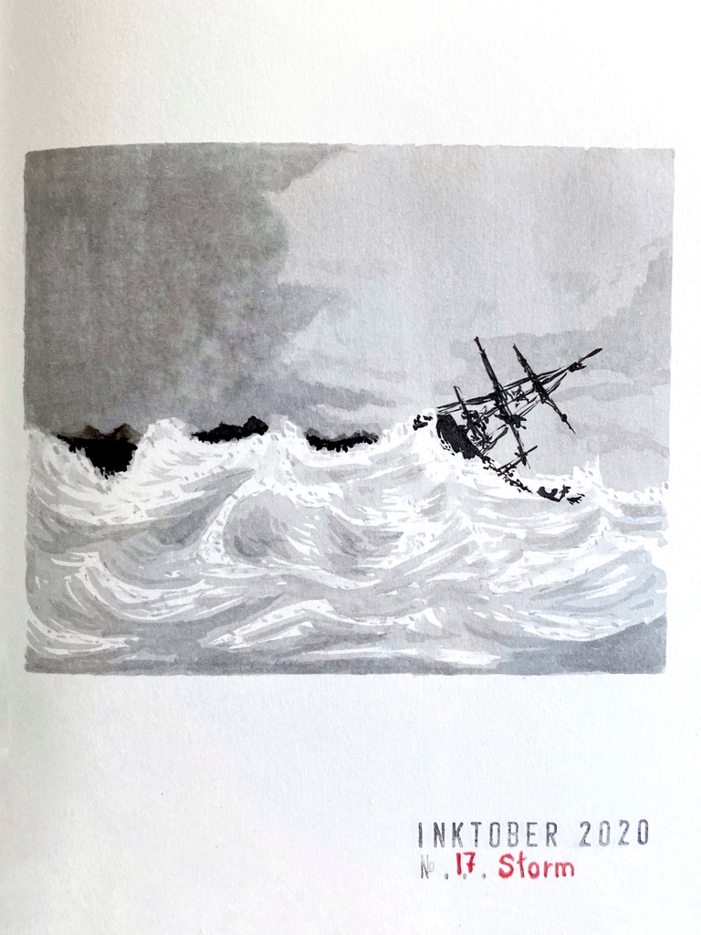 Black and grey ink drawing of a ship in a storm near rocks