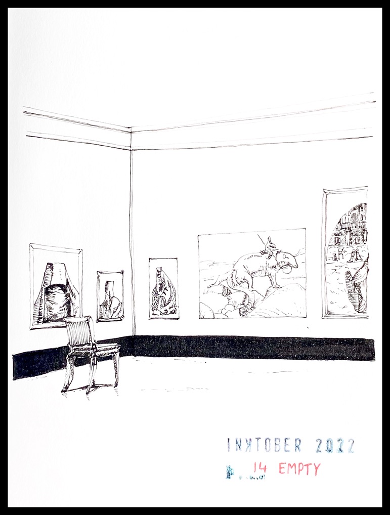 Black ink drawing of an empty chair in a museum room with artworks of various sizes on the wall, all representing artworks by Moebius