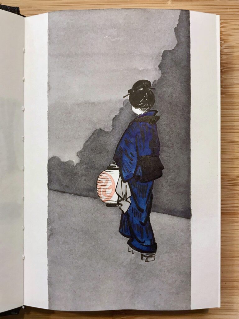 Ink drawing of a woman in a dark blue kimono, seen from behind, holding a paper lantern