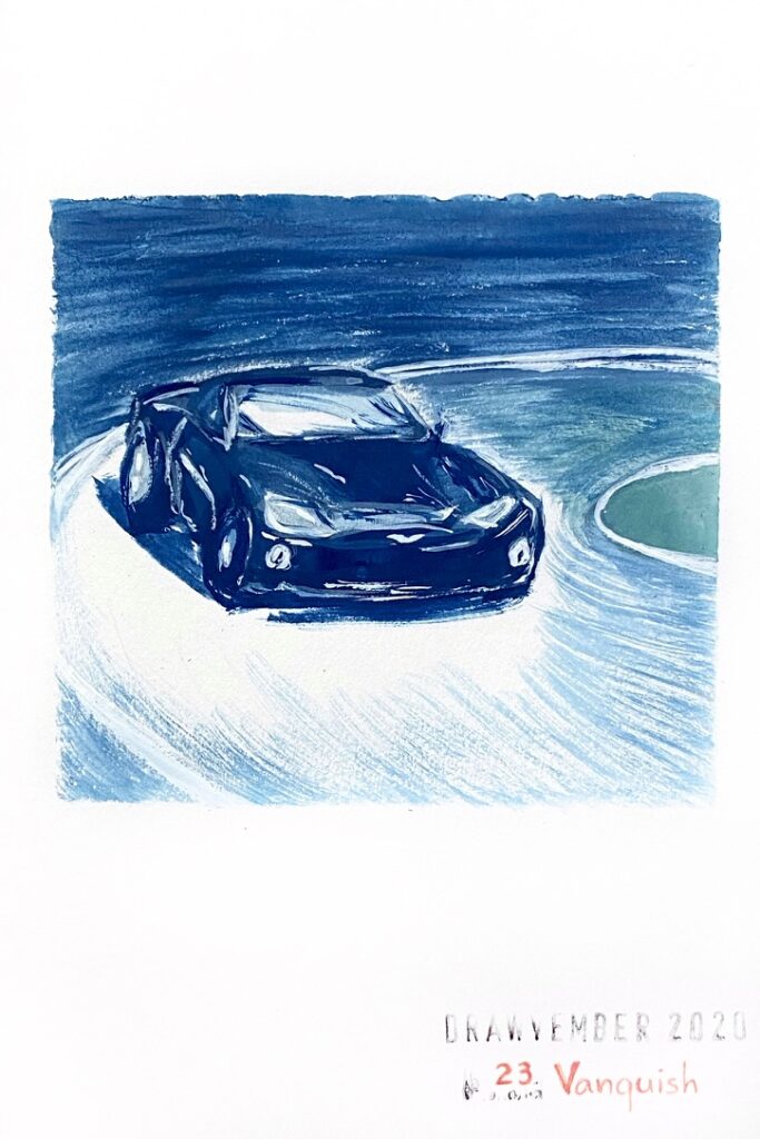 Gouache painting of an Aston Martin Vanquish speeding in a curve