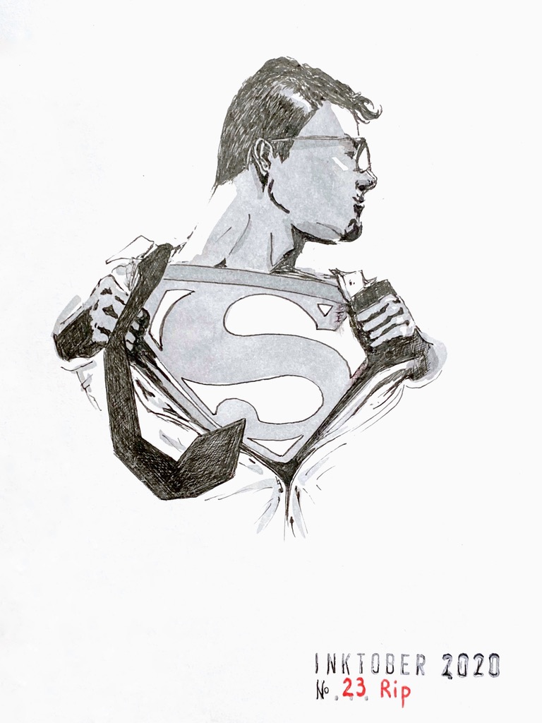 Black and grey ink drawing of superman tearing open his shirt and revealing the capital S of his superhero costume.