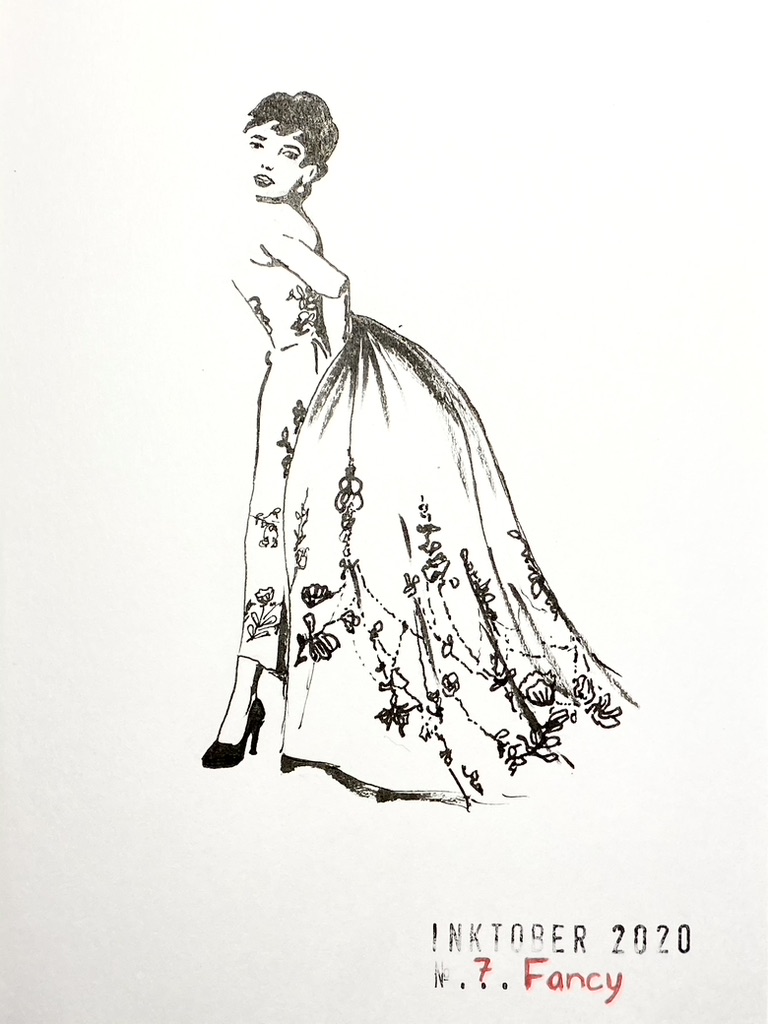 Black ink drawing of Audrey Hepburn wearing a flowery white dress and black high-heel shoes