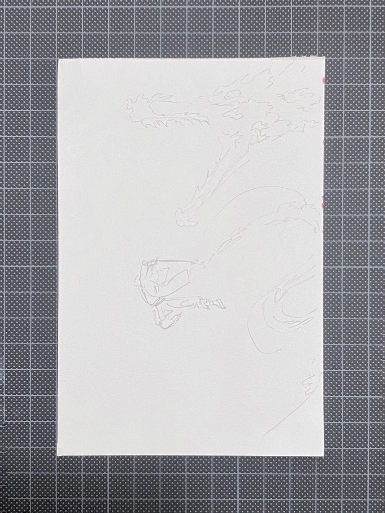 Rough sketch of a flying character holding a sword and followed by a big dragon