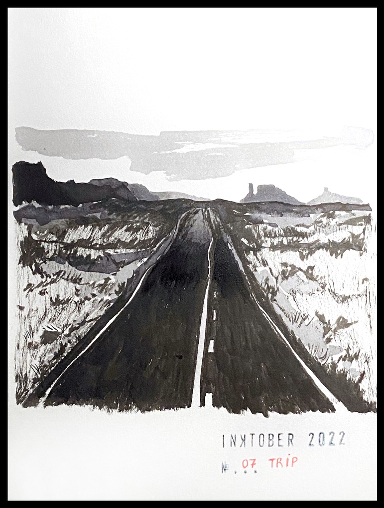 Black and grey ink drawing of a long straight road in a deserted area with mountains on the horizon