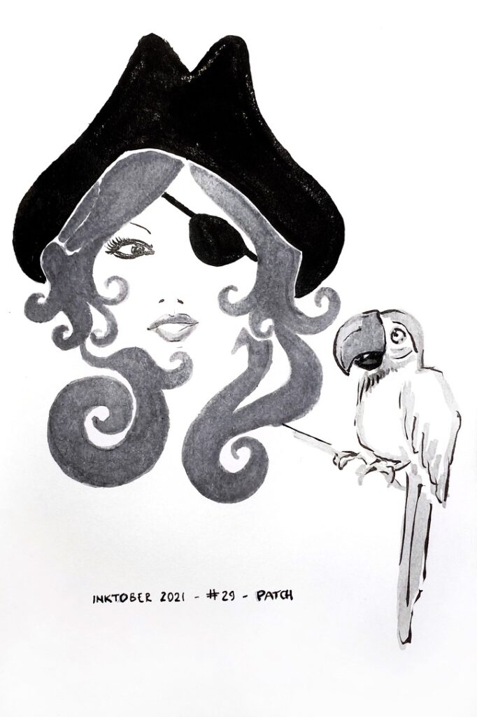 Black and grey ink drawing of a female pirate wearing an eye-patch and carrying a parrot on her shoulder