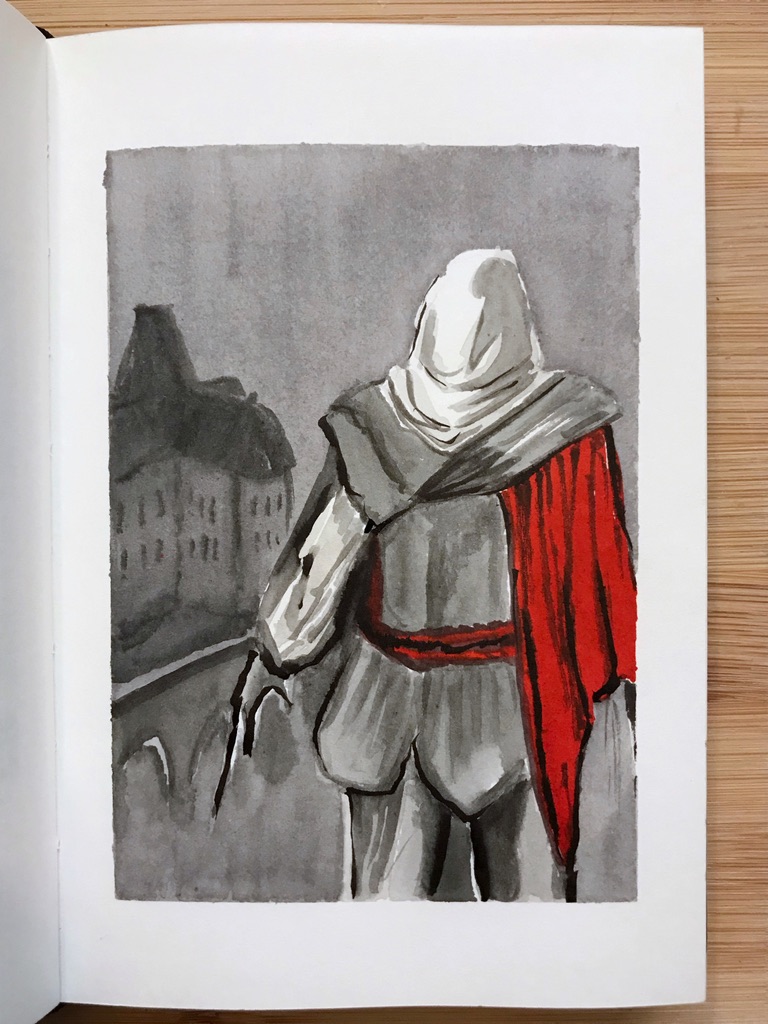 Grey, black and red ink drawing of a man seen from behind, dressed in the Middle-Ages fashion, and overlooking some city.