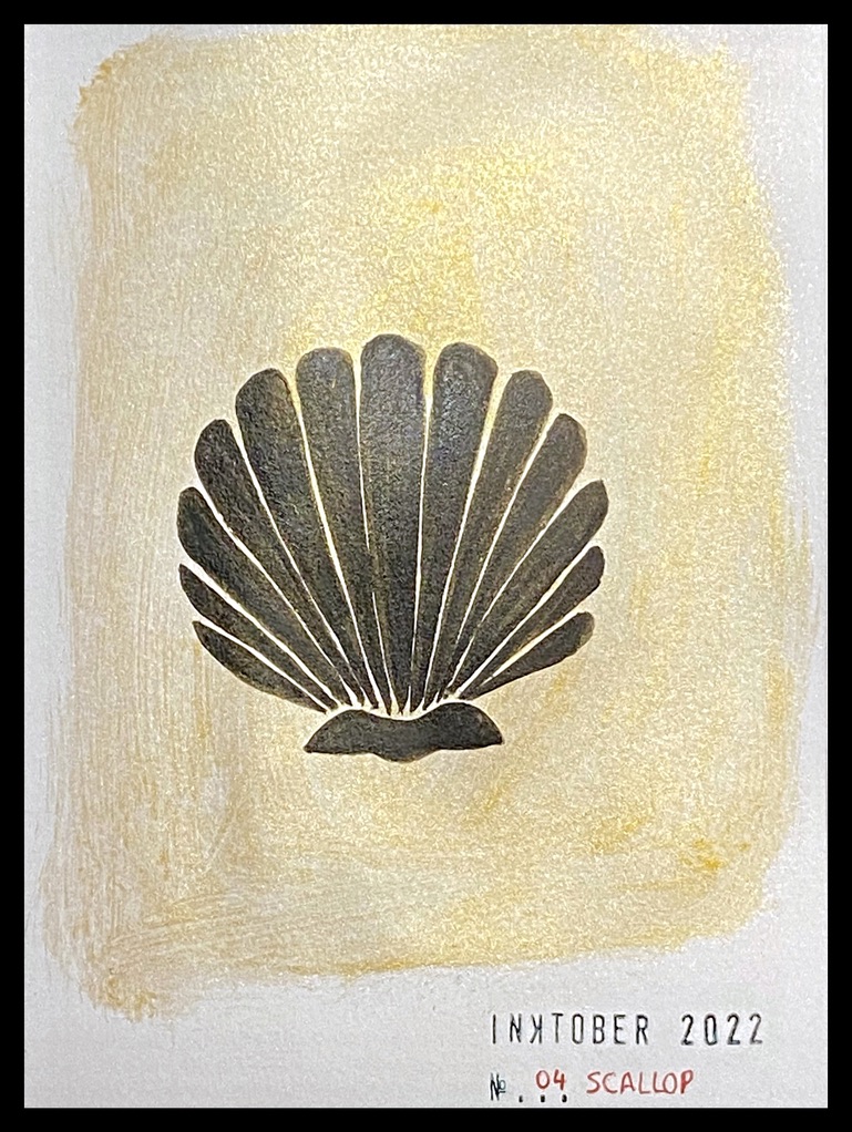Black and gold ink drawing of a scallop shell