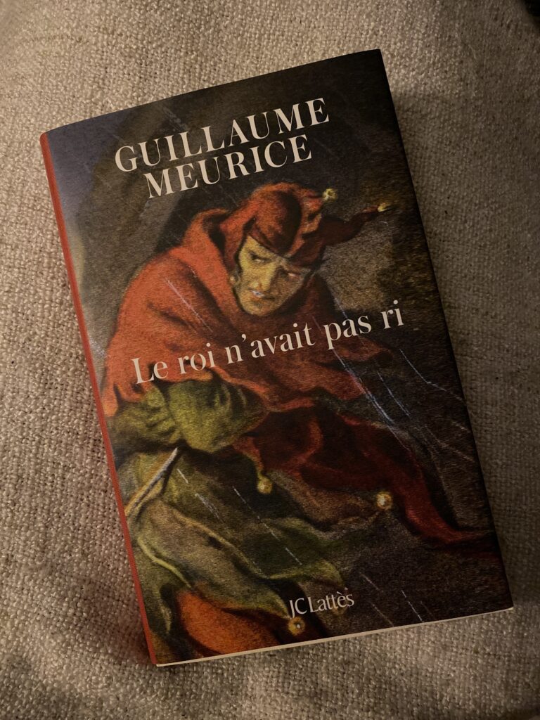 Photographie de la couverture du livre, posé sur une couverture en laine claire. L'illustration est celle d'un fou du roi sous la pluie semblant transi de froid.