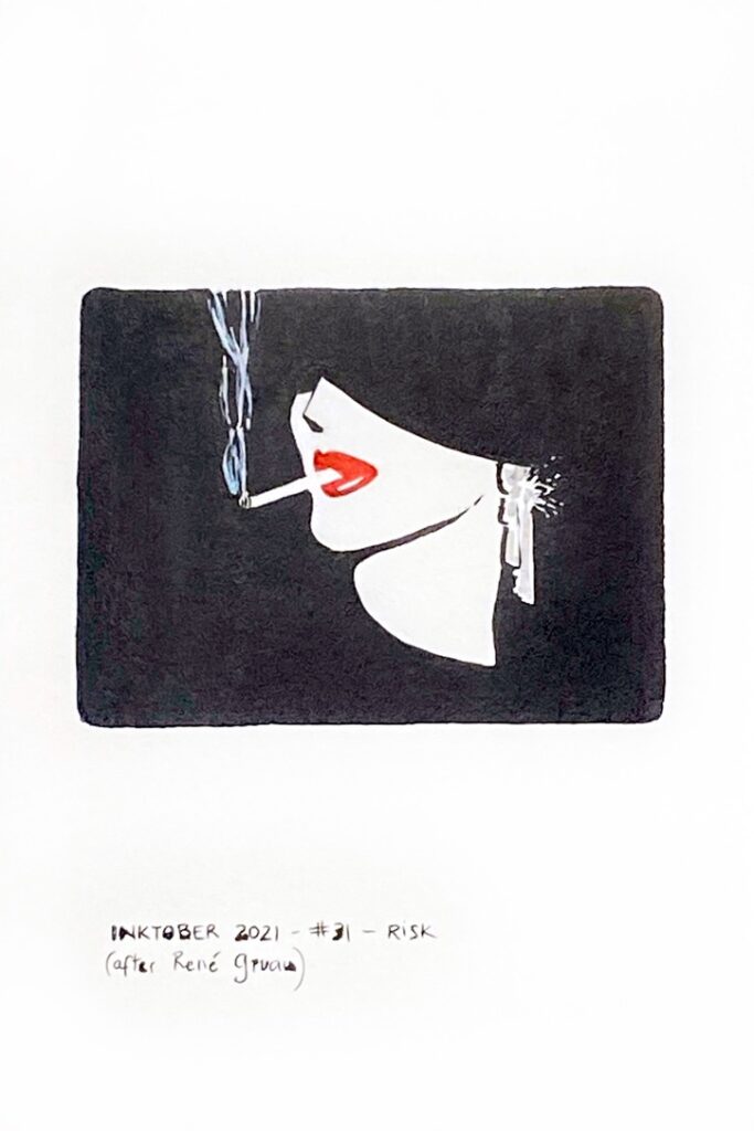 Black and red ink drawing of the bottom of the face of a woman wearing lipstick, a shiny earring, and smoking. The rest of her face is hidden in the shadow of a hat