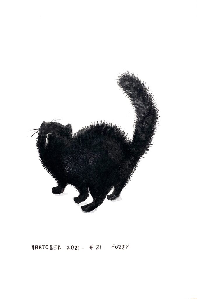 Black ink drawing of a fuzzy cat