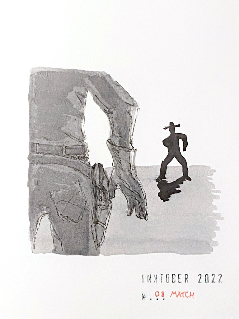 Black and grey ink drawing of silhouettes of two men in a standoff from the point of view right behind the closest person. The furthest person is just a black silhouette.