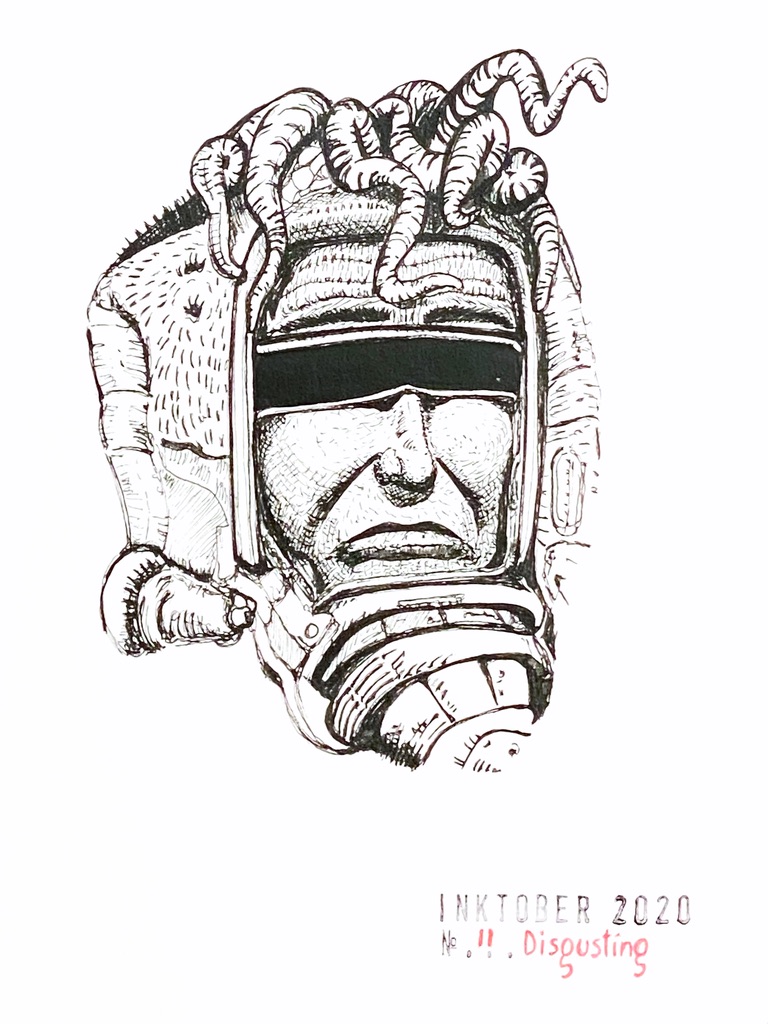 Black ink drawing of the face of a man whose eyes are covered, wearing a helmet from the top of which are short tentacles