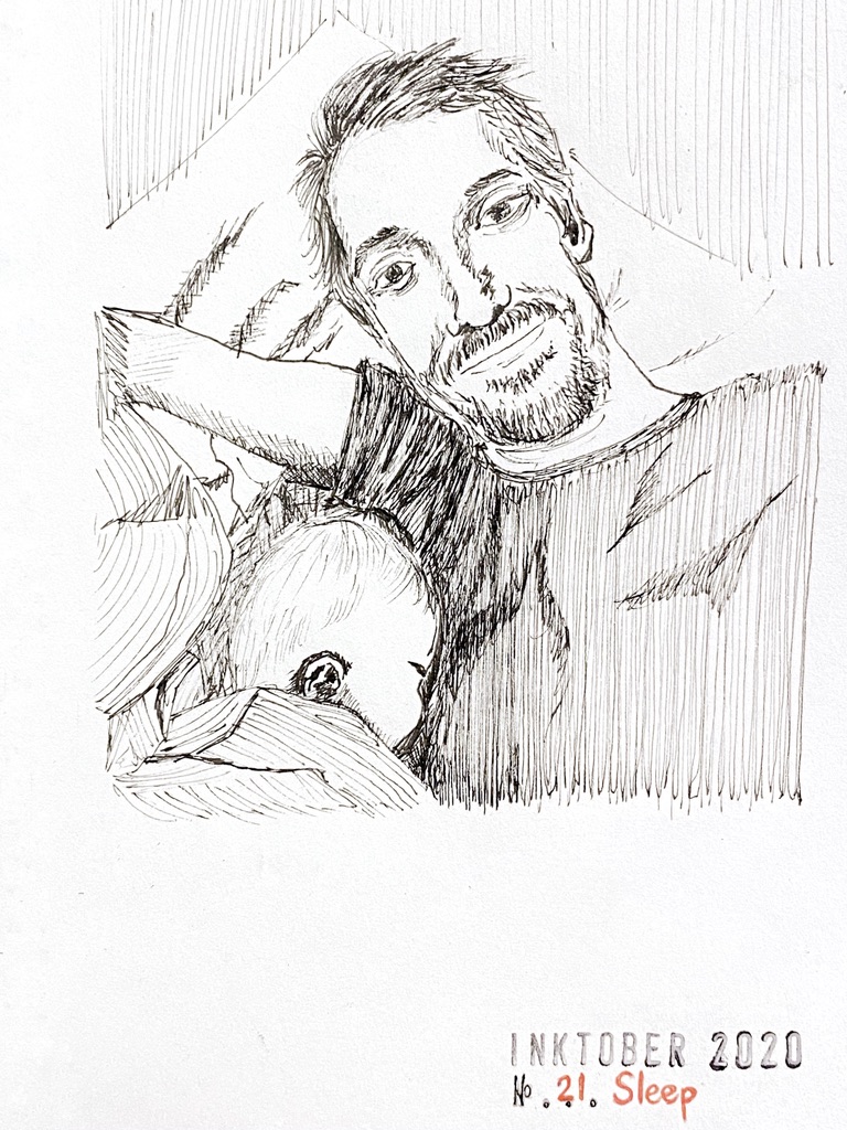 Black ink drawing of a smiling young man propped against a pillow, looking tired, with a newborn asleep on him.