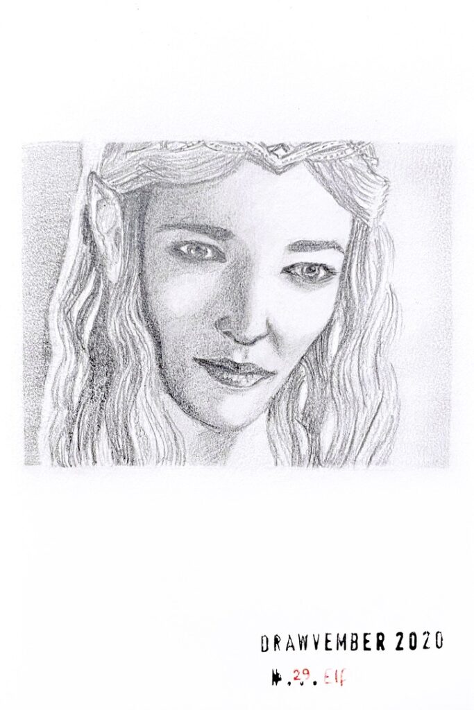 Pencil drawing of the face of Cate Blanchett as Galadriel