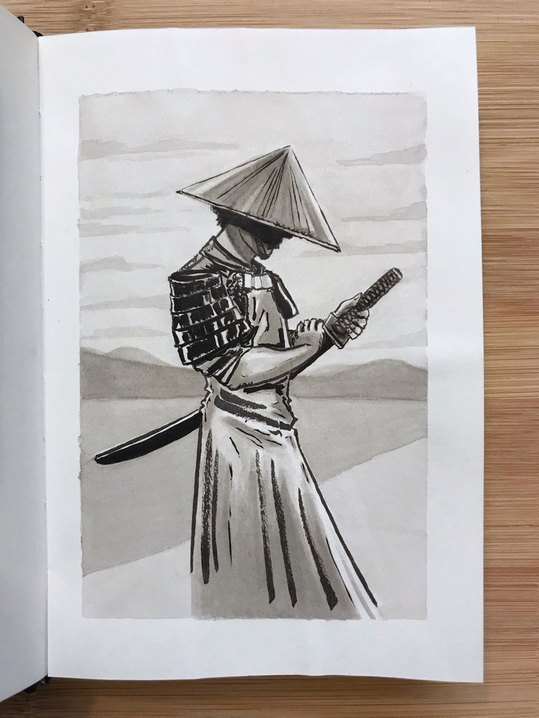 Warm grey ink drawing of a man seen from the side. He wears a Sugegasa (conical straw hat) and holds a sword at his side with both hands.