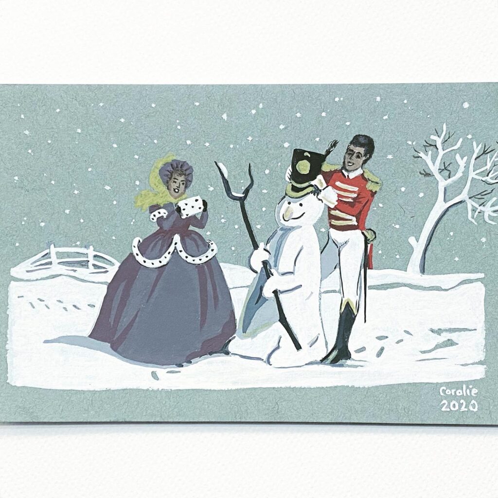 Finished version of the “Soldier & Lady making a snowman” postcard painted with gouache