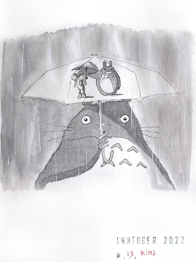 Grey ink drawing of Totoro under an umbrella in the rain. The umbrella is illustrated by Totoro extending the umbrella over a child.