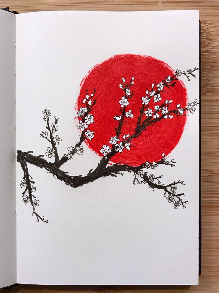 Big red sun and sakura branch with blossoms over it.
