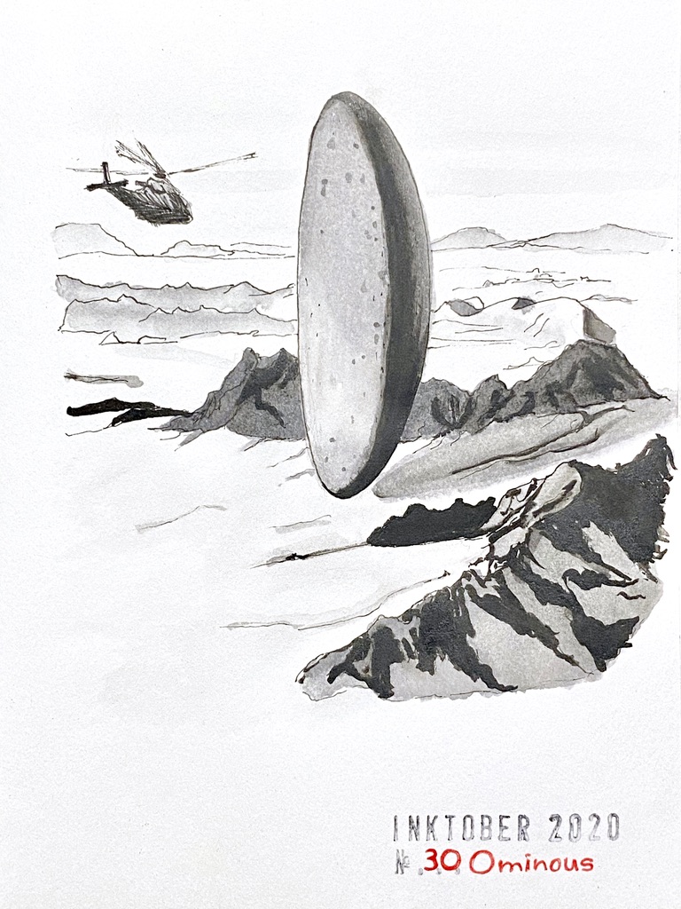 Black and grey ink drawing of a desert scene where a levitating object looking like a giant egg or thick immense petal, being approached by a tiny-looking helicopter.
