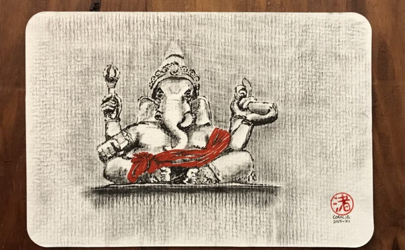 Black ink painting of a statue of Ganesha, the elephant with a human's body and four arms. The scarf is red.