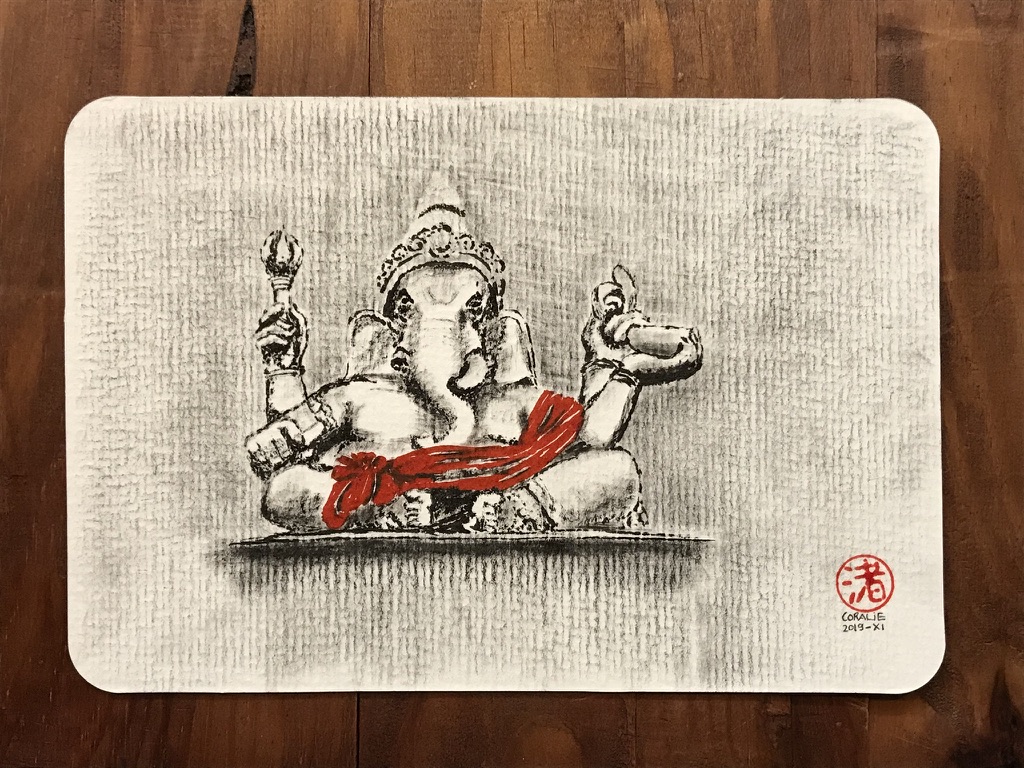 Black ink painting of a statue of Ganesha, the elephant with a human's body and four arms. The scarf is red.